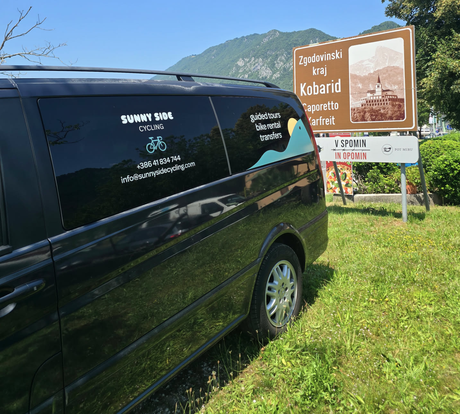 Sunny Side Cycling Mercedes Viano transfer van in Bovec, Soča Valley